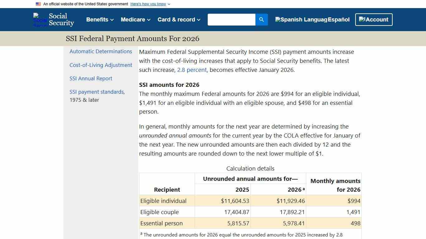 SSI Federal Payment Amounts for 2026